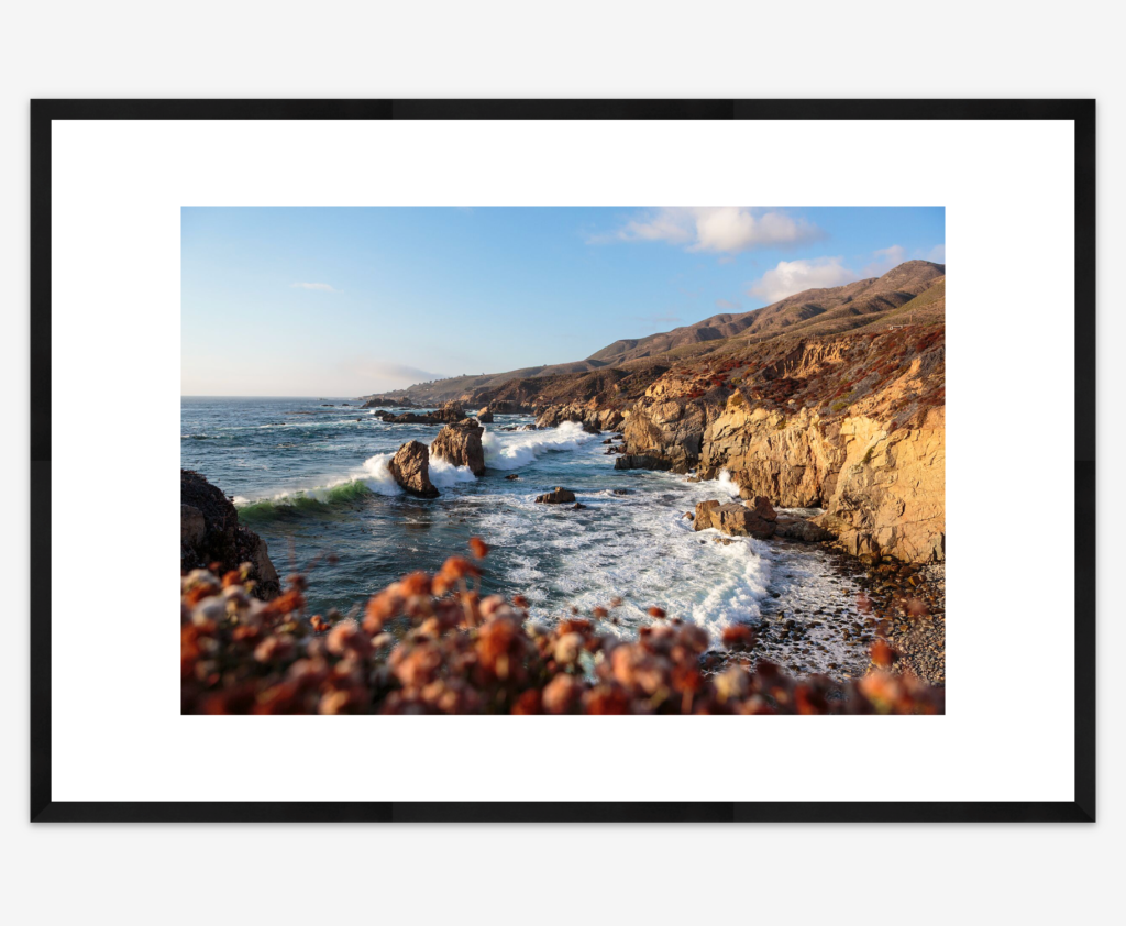 Big Sur coast photograph shown with a black frame.