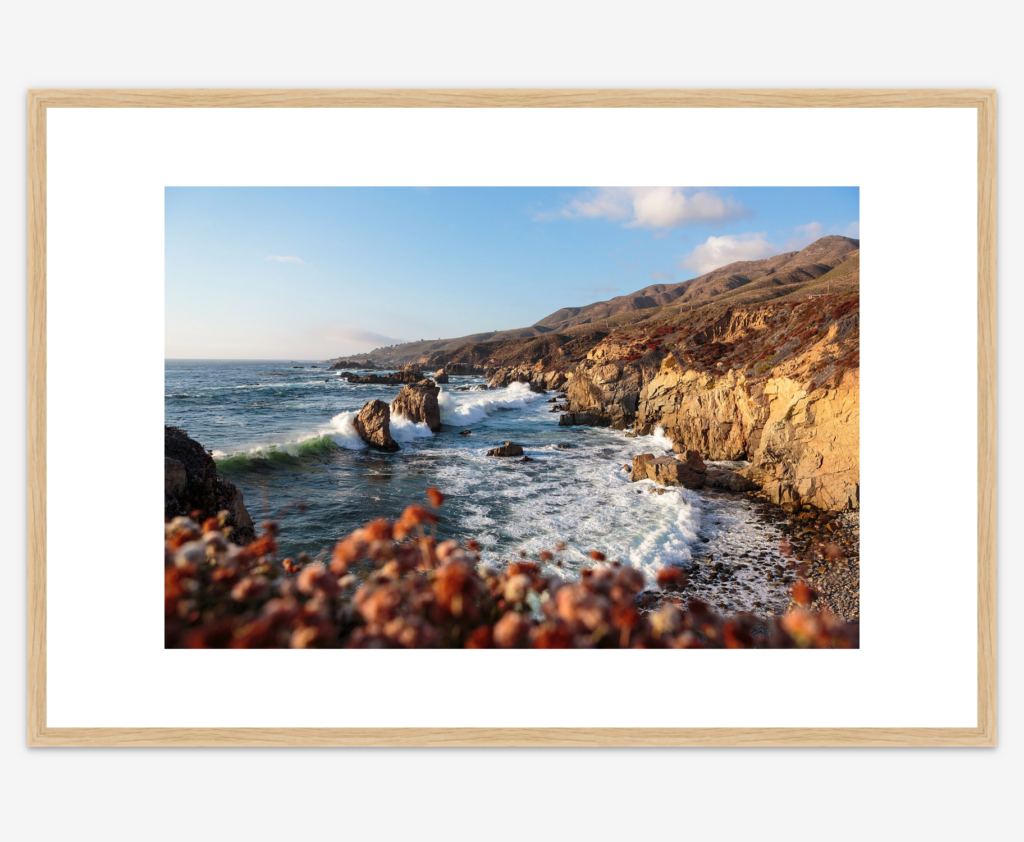 Big Sur coast photograph shown with an oak frame.
